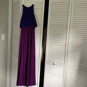 Purple color block long dress. Back zipper and open open back